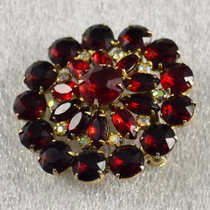 Vintage Brooch Red Rhinestones w/ Aurora Borealis Accents in Gold Tone Setting